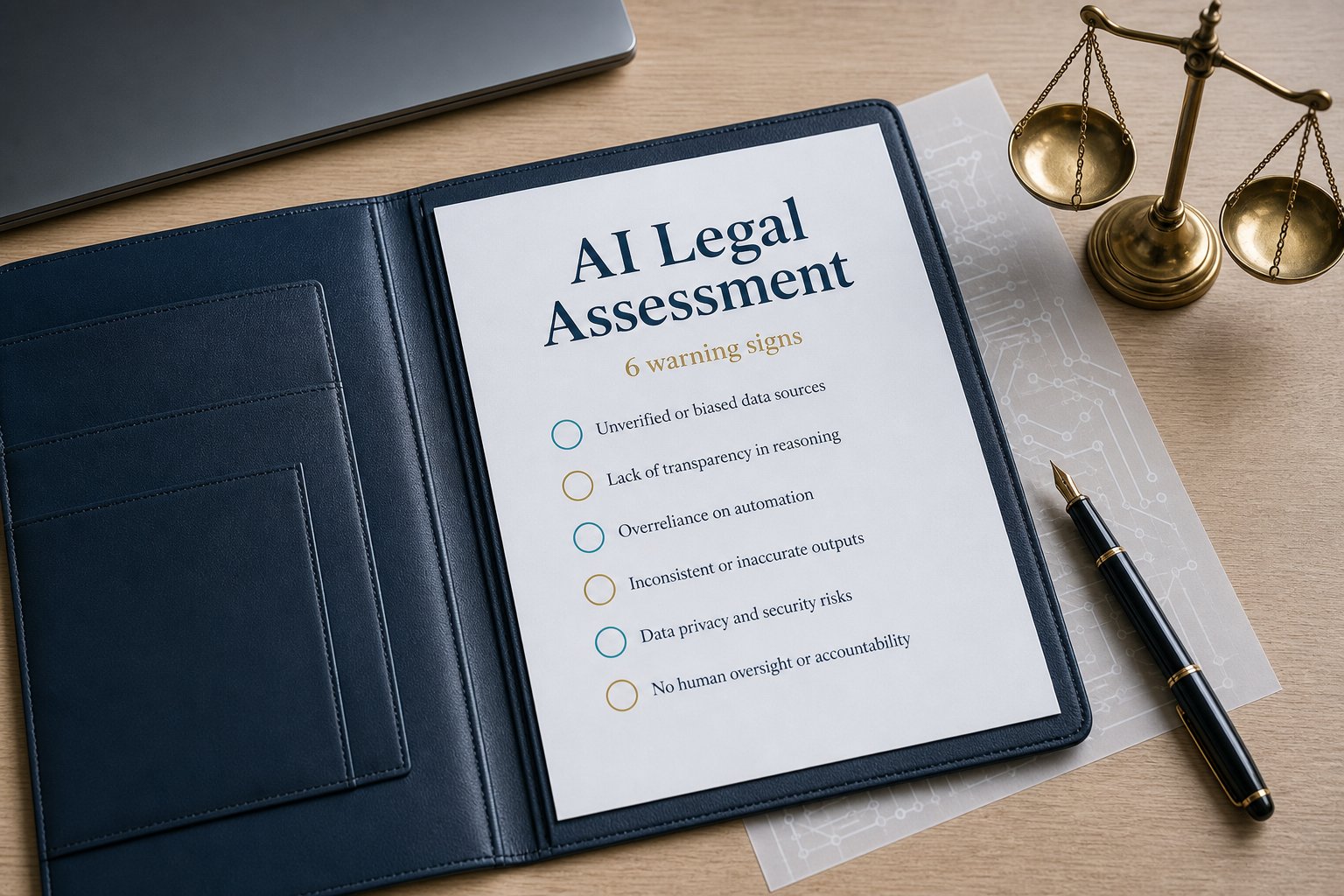 AI Legal Assessment document with 6 warning signs on a professional desk