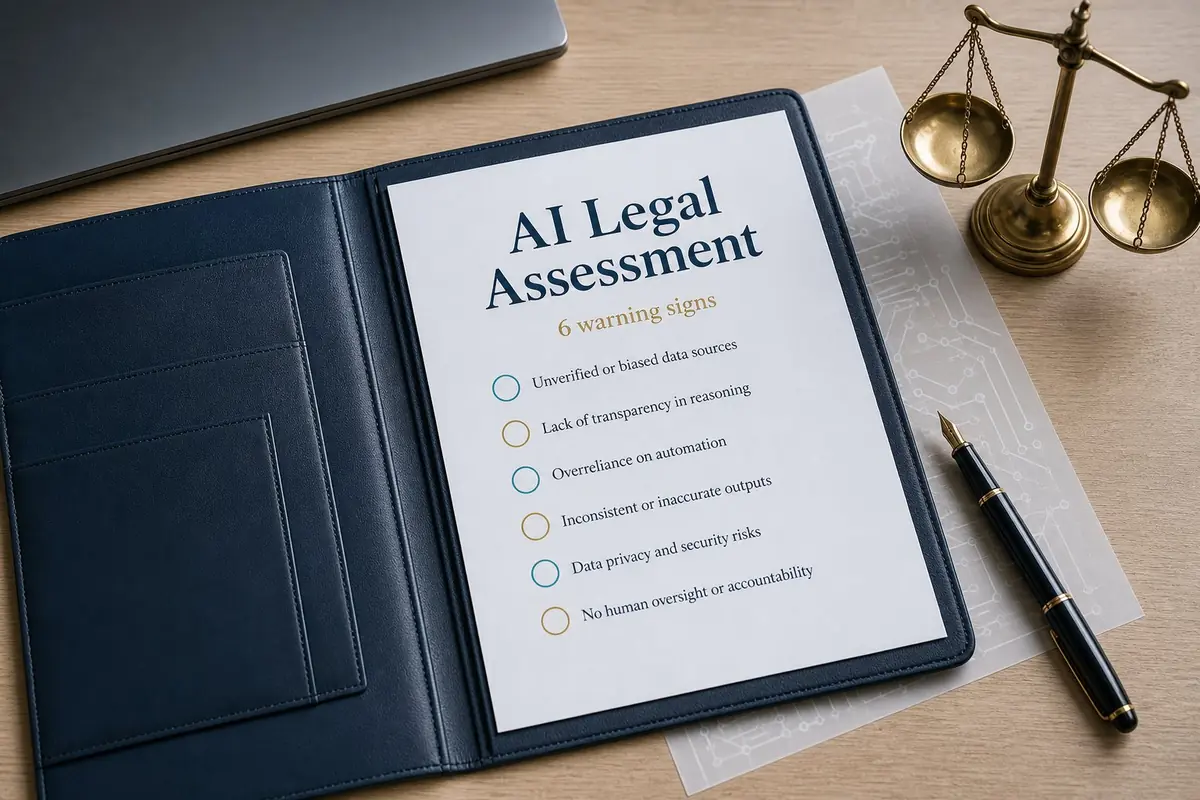 AI Legal Assessment document with 6 warning signs on a professional desk