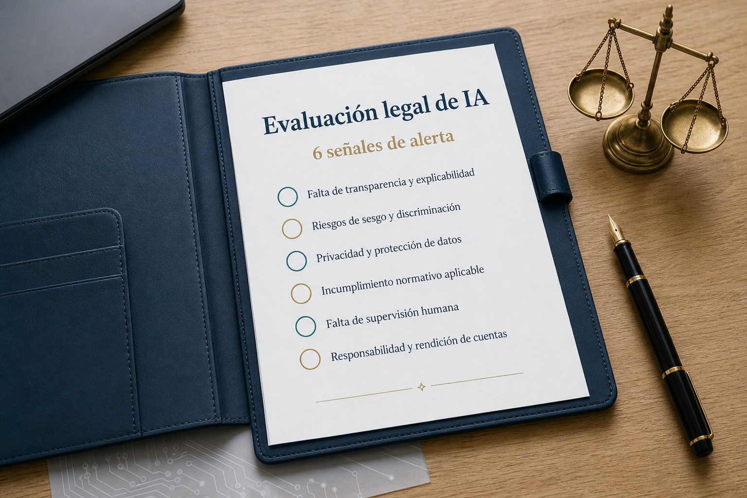 Documento de evaluación legal de IA con 6 señales de alerta sobre el escritorio