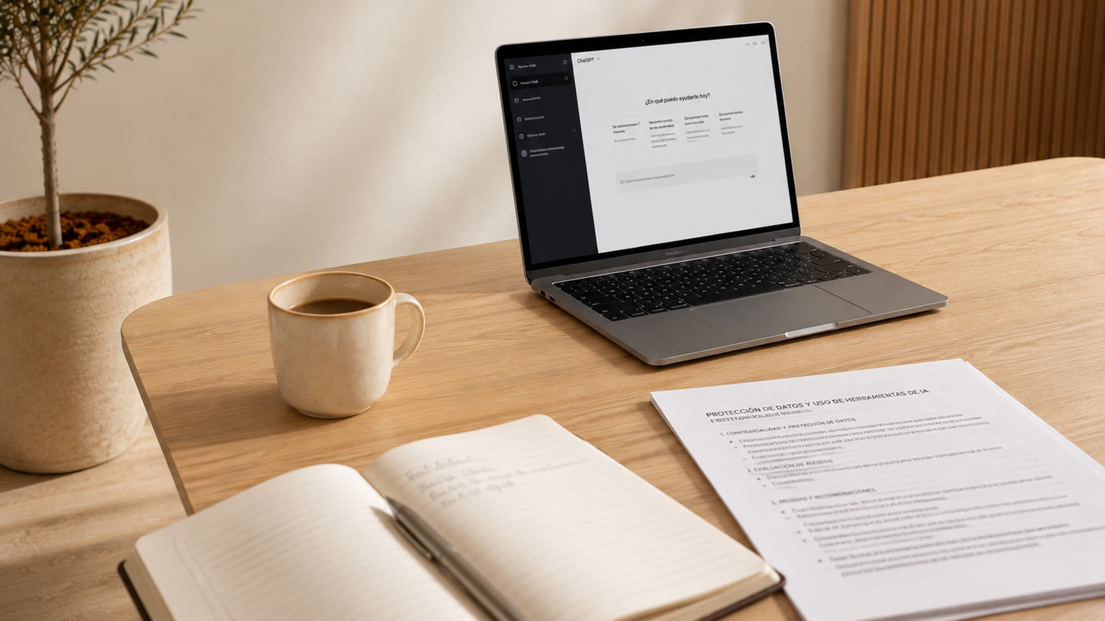 Laptop with ChatGPT open next to a data-protection document on the use of AI tools