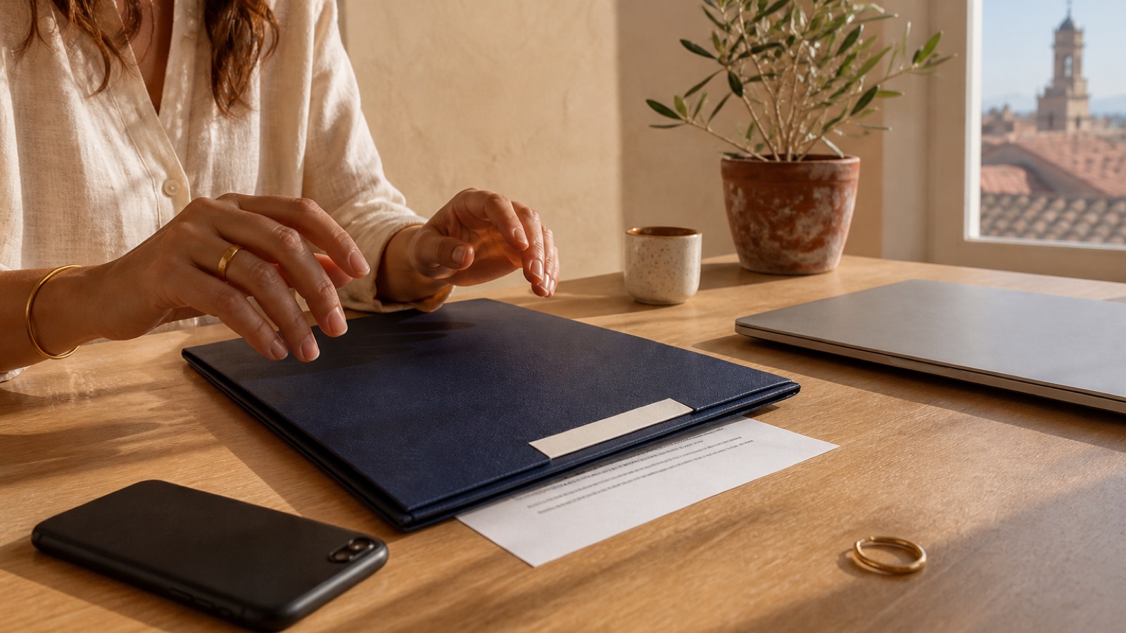 Escritorio de pyme: carpeta del cliente, móvil boca abajo y portátil cerrado. El segundo antes de decidir si usar ChatGPT con información de la empresa.