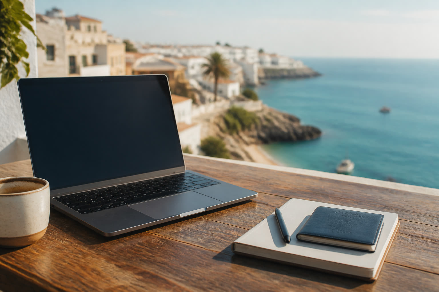 Portátil y pasaporte frente a un paisaje costero: trabajo remoto de nómada digital en el extranjero